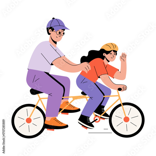 A flat style illustration showing a person riding tandem bike 
