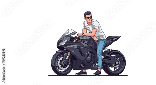 Handsome young man in sunglasses posing with a black sport motorcycle.