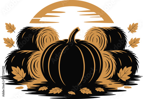 Autumnal Harvest Scene Vector Illustration with Pumpkin Silhouette and Hay Bales in Black