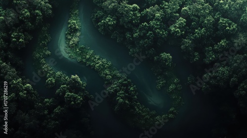 Wallpaper Mural Aerial view of a winding river cutting through a dense forest with lush green trees and dark shadows Torontodigital.ca