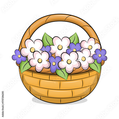 Cute cartoon basket full of flowers. Vector illustration hamper with white and purple flowers on a white background.
