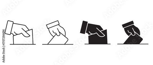 Hand putting voting ballot icon. in the box isolated on white background.