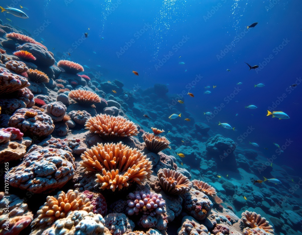 Fototapeta premium overfishing along coral reefs, sustainability ignored, pollution rising, conservation destroyed, glowing skeletal corals and empty blue waters filled with floating debris