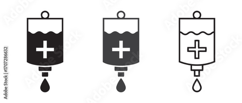 Set of blood transfusion bags icon. with plus sign isolated on white background.