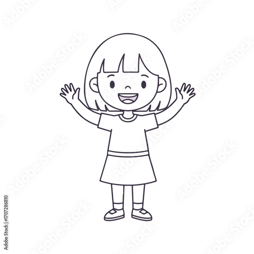 Happy Cartoon Girl with Arms Raised Line Art Illustration.