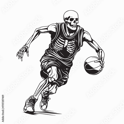 Basketball player skull vector drawing in action isolated on white background