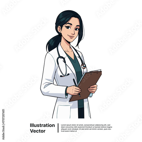 Illustration of a female doctor wearing a white coat and stethoscope holding a medical chart