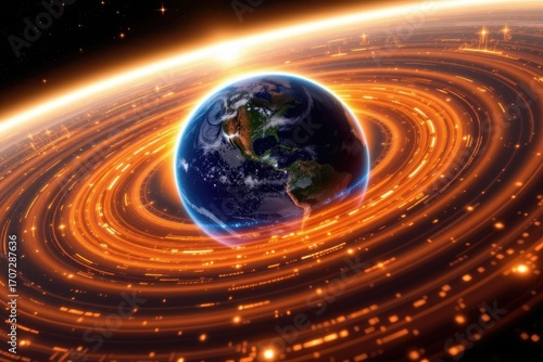Wallpaper Mural earth glowing with strong magnetosphere, solar wind deflected harmlessly, ionosphere illuminated with auroras, futuristic glowing view of planet from lunar perspective Torontodigital.ca
