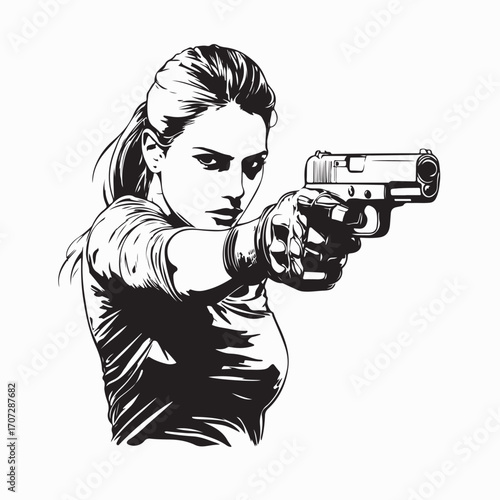 Fierce Woman Targeting Opponent with Weapon Vector Image