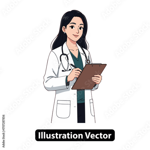 Friendly female doctor in a white lab coat with a stethoscope holding a clipboard for medical notes