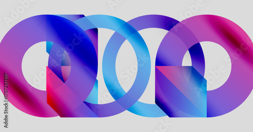 Interlocking rings display vibrant blue, purple, pink gradients. Modern design suggests connection, unity, infinity concept. Simple background enhances focus.