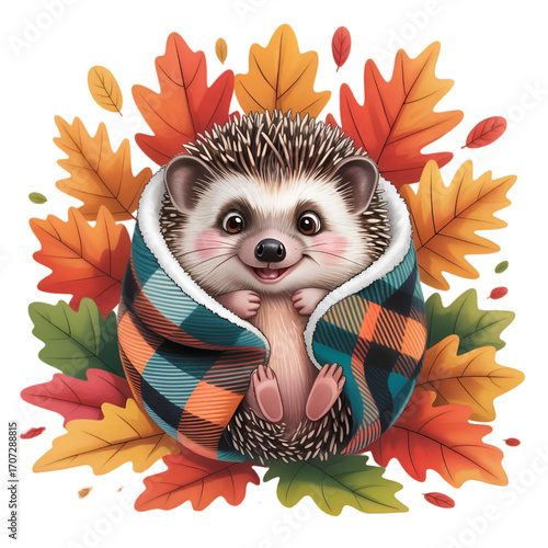 Cute cartoon hedgehog wrapped in plaid blanket sitting among autumn leaves illustration on a transparent background