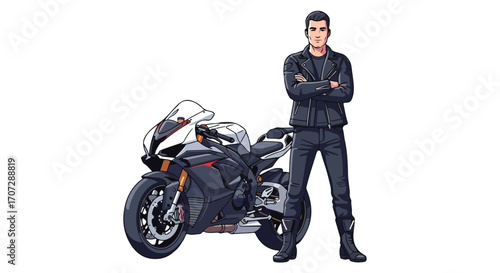 Man in leather jacket and sunglasses standing next to a sport motorcycle.