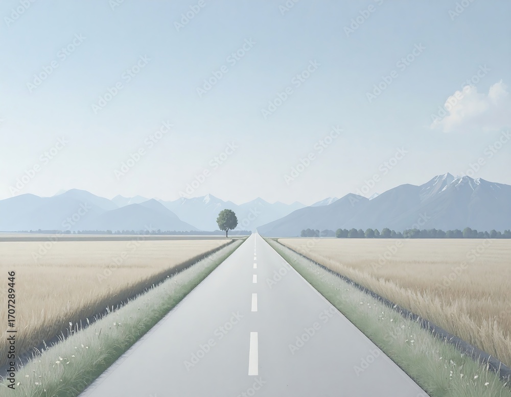 Fototapeta premium Empty road stretches through golden fields toward distant mountains under a pale sky