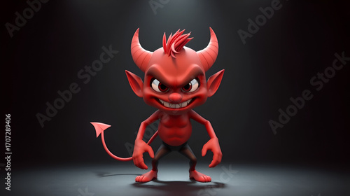 Playful 3D Render of a Red Devil Character with Mischievous Grin on Dark Stage