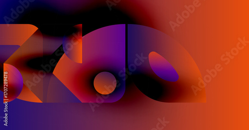 Abstract design features vibrant gradients. Shapes overlap creating dynamic visual effect. Colors range from deep purple to bright orange.