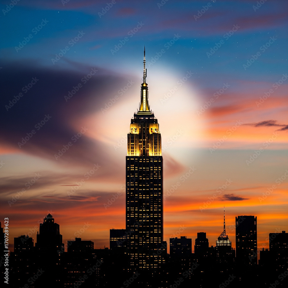 Obraz premium Illuminated City Landmark at Night with Dramatic Sky and Architectural Silhouette