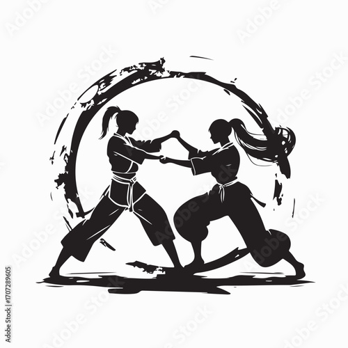 Female Taekwondo Fighters Silhouette Martial Arts Combat Vector Illustration