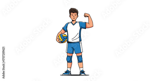 Strong Male Volleyball Player Cartoon Character Flexing Arm.