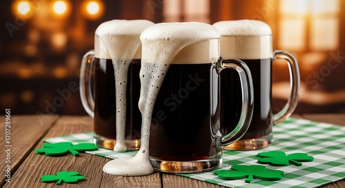 Dark Beer Mugs with Foam Overflow and Shamrock Decorations for St. Patrick’s Day