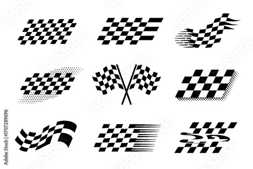 A collection of nine different checkered racing flags, perfect for representing competition, victory, and the finish line