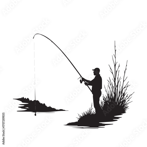 silhouette of a fisherman with fishing rod, fishing, fisherman, silhouette, boy, fish, sunset, rod, woman, water, vector, people, illustration, sport, lake, angler, cartoon, summer, fun, nature, beach