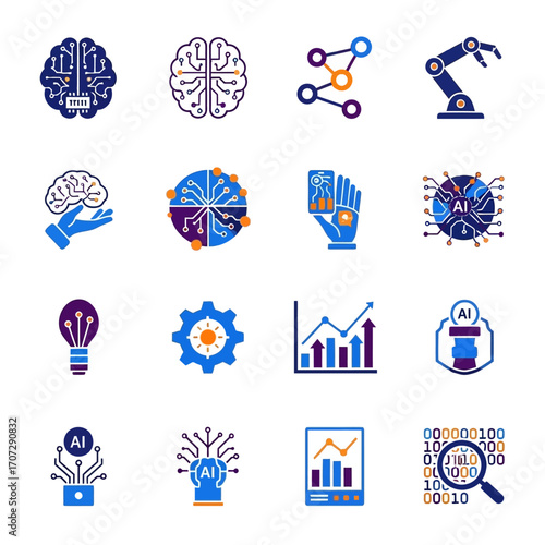 Artificial Intelligence Icons Set - Brains, Robotics, Data Analysis, and Neural Networks.