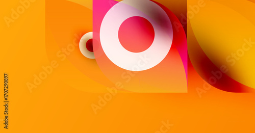 Abstract design features overlapping circles, vibrant orange, pink hues. Modern, dynamic composition creates visual interest. Smooth gradients dominate.