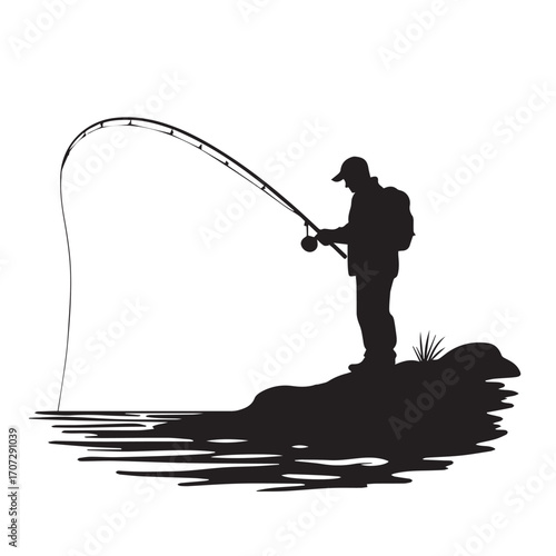 silhouette of a fisherman with fishing rod, fishing, fisherman, silhouette, boy, fish, sunset, rod, woman, water, vector, people, illustration, sport, lake, angler, cartoon, summer, fun, nature, beach