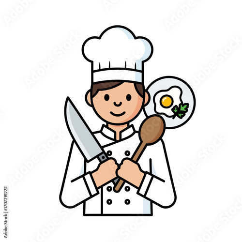 Cartoon Chef Holding Knife and Spoon with Fried Egg Dish.