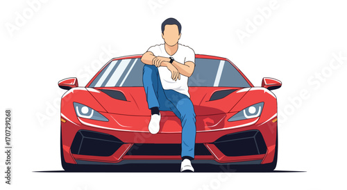 Stylish young man leaning against a modern red sports car.