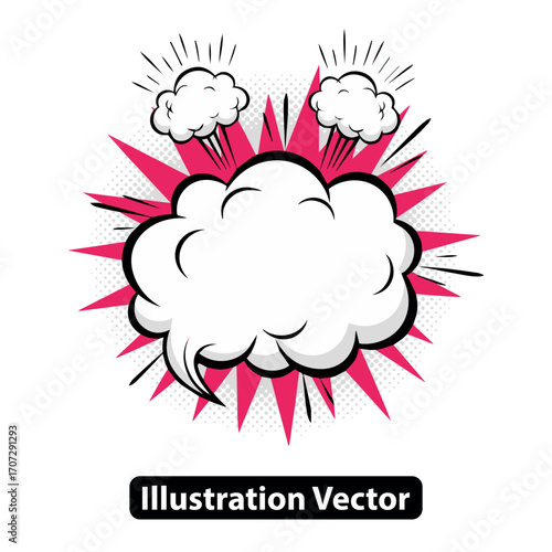 Explosive Comic Book Speech Bubble with Pink Starburst and Clouds Vector