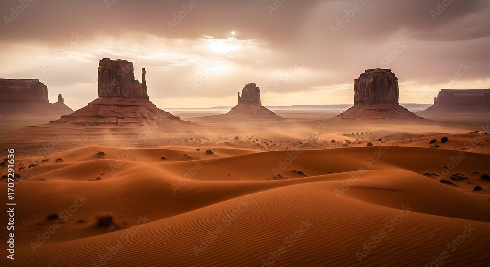 Naklejka premium Dramatic sandstone buttes and sand dunes in the desert landscape view