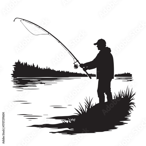 silhouette of a fisherman with fishing rod, fishing, fisherman, silhouette, boy, fish, sunset, rod, woman, water, vector, people, illustration, sport, lake, angler, cartoon, summer, fun, nature, beach