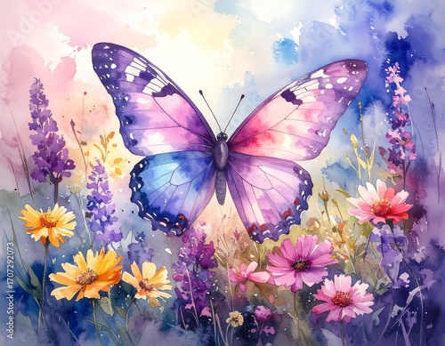 Watercolor butterfly and flowers in a meadow