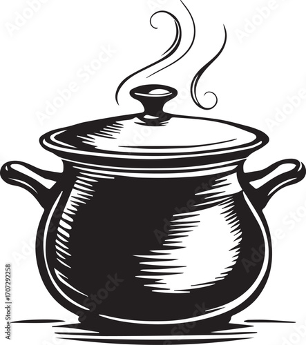 Black and white cooking pot illustration with lid, steam, and side handles in bold line art for kitchen and culinary themes