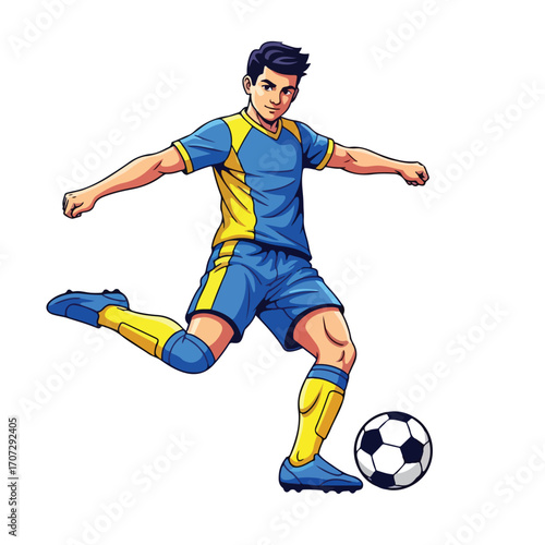 Cartoon illustration of a male soccer player kicking a ball.