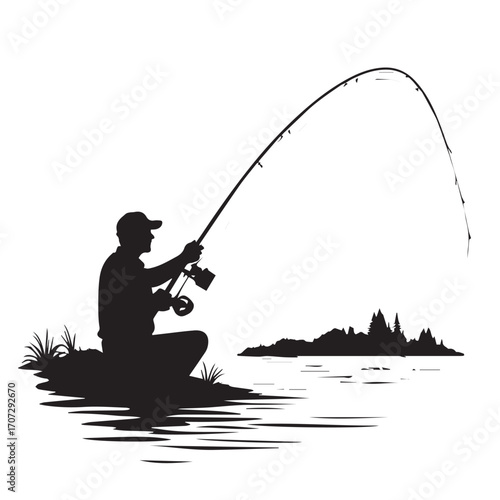 silhouette of a fisherman with fishing rod, fishing, fisherman, silhouette, boy, fish, sunset, rod, woman, water, vector, people, illustration, sport, lake, angler, cartoon, summer, fun, nature, beach