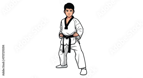 Cartoon illustration of a young man in a taekwondo uniform.