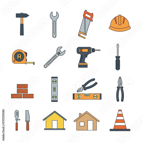 Construction Tools and Building Elements Vector Illustration Set.