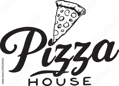 Black and white Pizza House logo with stylized cursive text and pizza slice icon replacing dot for restaurant branding