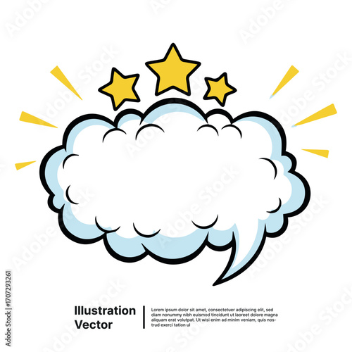 Speech bubble with three stars and emanating yellow lines, comic book style illustration