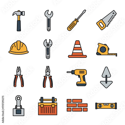 Construction Tools and Equipment Icons Set for Building and Repair.