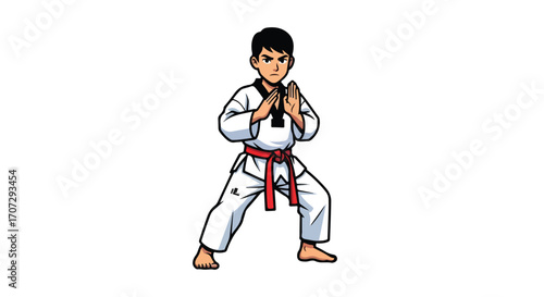 Cartoon illustration of a young man practicing taekwondo in a fighting stance.