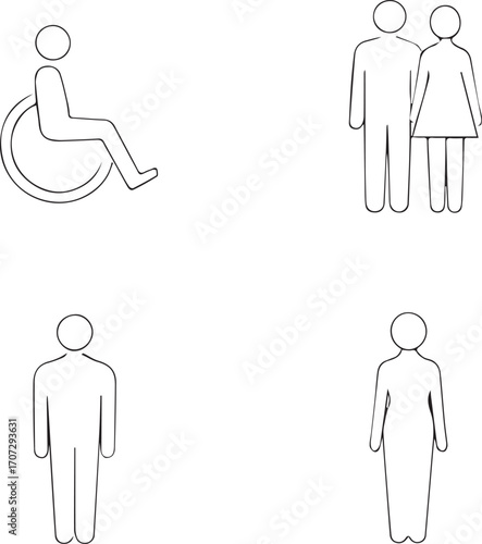 Set of 4 inclusive people icons in black and white line art showing wheelchair user, couple, and diverse gender representations