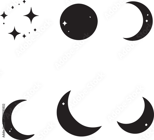 Set of 6 celestial icons in black and white line art featuring full moon, crescent moons, and star cluster for night sky themes