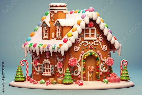 Gingerbread house decorated with icing sugar and cartoon candies
