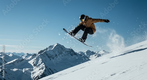 Skier in brown jacket and black helmet performing a jump on snowy mountain slope during bright sunny day with clear blue sky and rugged peaks in the background