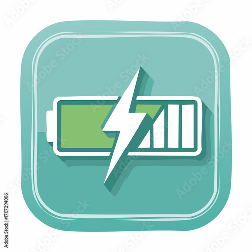 Battery charging icon, rounded rectangle with lightning bolt, mint green vector design