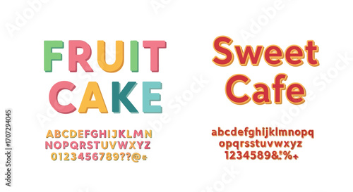 Playful colorful typography for "Fruit Cake" and "Sweet Cafe" with alphabet and numbers